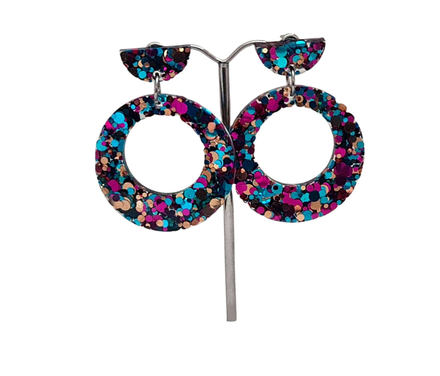 Hoop Glitter Dangle Earrings, Hot Pink, Teal. Rosegold Hoop Resin Circle Earrings, Stainless Steel Earrings, Statement Earrings
