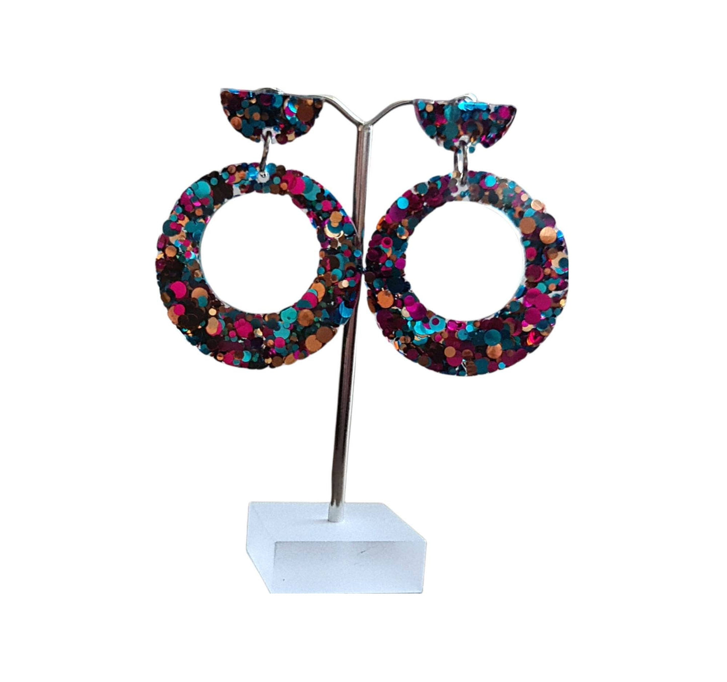 Hoop Glitter Dangle Earrings, Hot Pink, Teal. Rosegold Hoop Resin Circle Earrings, Stainless Steel Earrings, Statement Earrings