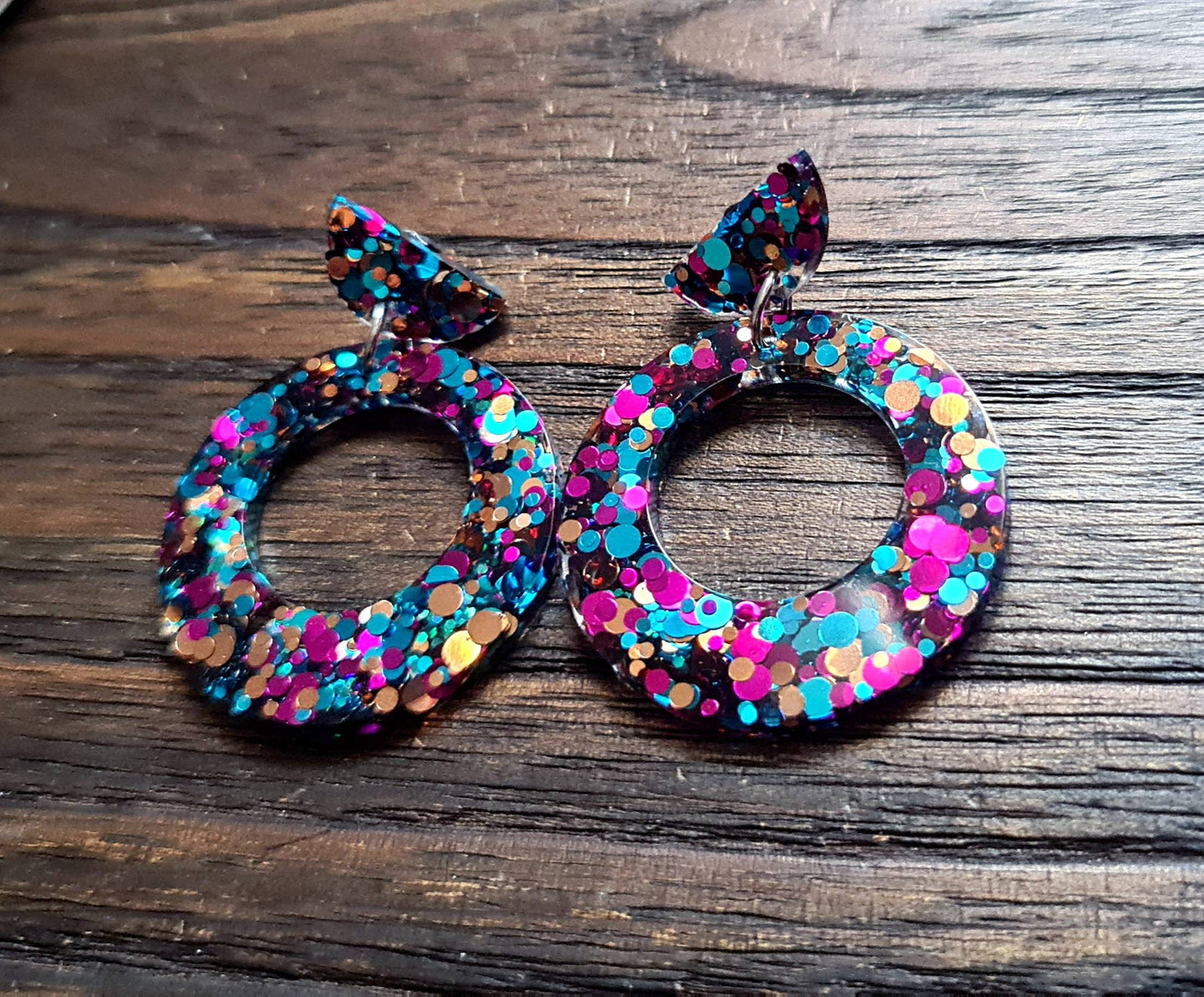 Hoop Glitter Dangle Earrings, Hot Pink, Teal. Rosegold Hoop Resin Circle Earrings, Stainless Steel Earrings, Statement Earrings