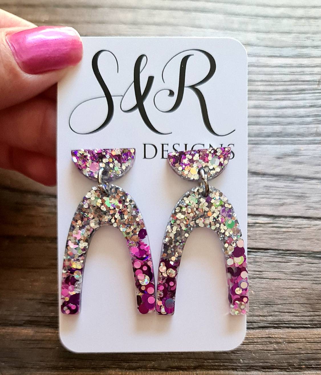 U Shape Dangle Earrings, Hot Pink, Purple, Holographic Glitter Earrings, Resin Dangle Earrings, Stainless Steel Earrings, Statement Earrings