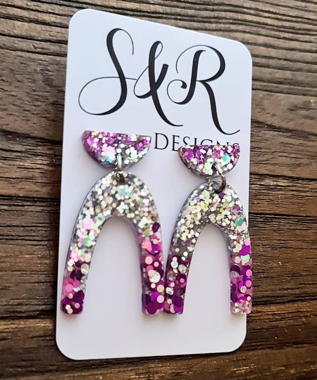 U Shape Dangle Earrings, Hot Pink, Purple, Holographic Glitter Earrings, Resin Dangle Earrings, Stainless Steel Earrings, Statement Earrings