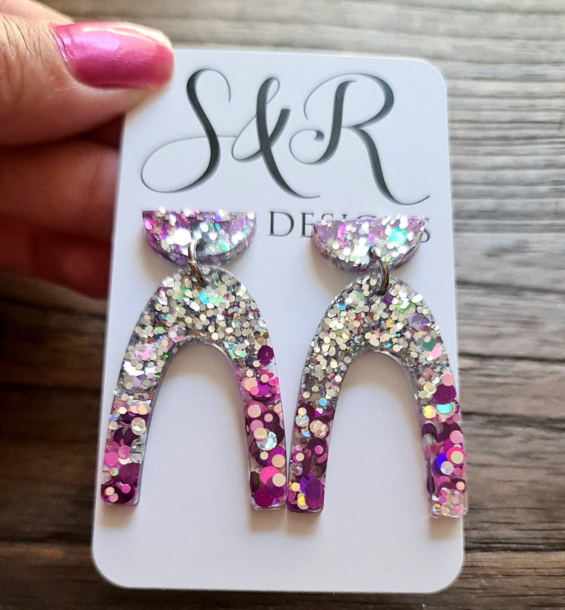 U Shape Dangle Earrings, Hot Pink, Purple, Holographic Glitter Earrings, Resin Dangle Earrings, Stainless Steel Earrings, Statement Earrings