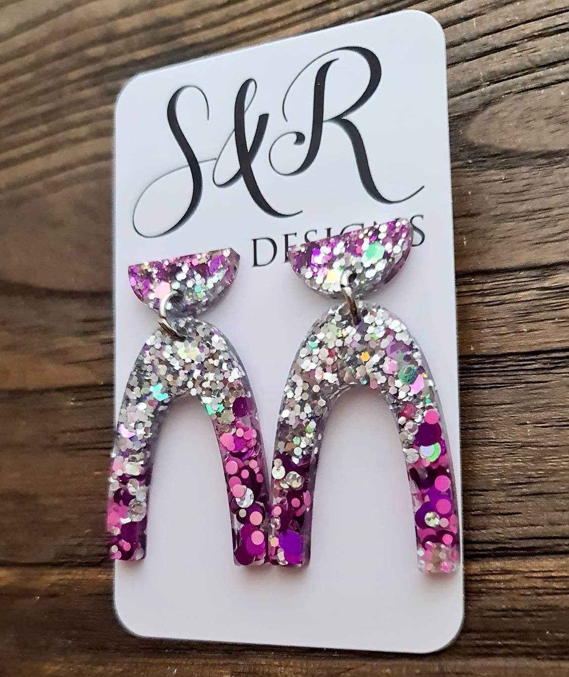 U Shape Dangle Earrings, Hot Pink, Purple, Holographic Glitter Earrings, Resin Dangle Earrings, Stainless Steel Earrings, Statement Earrings