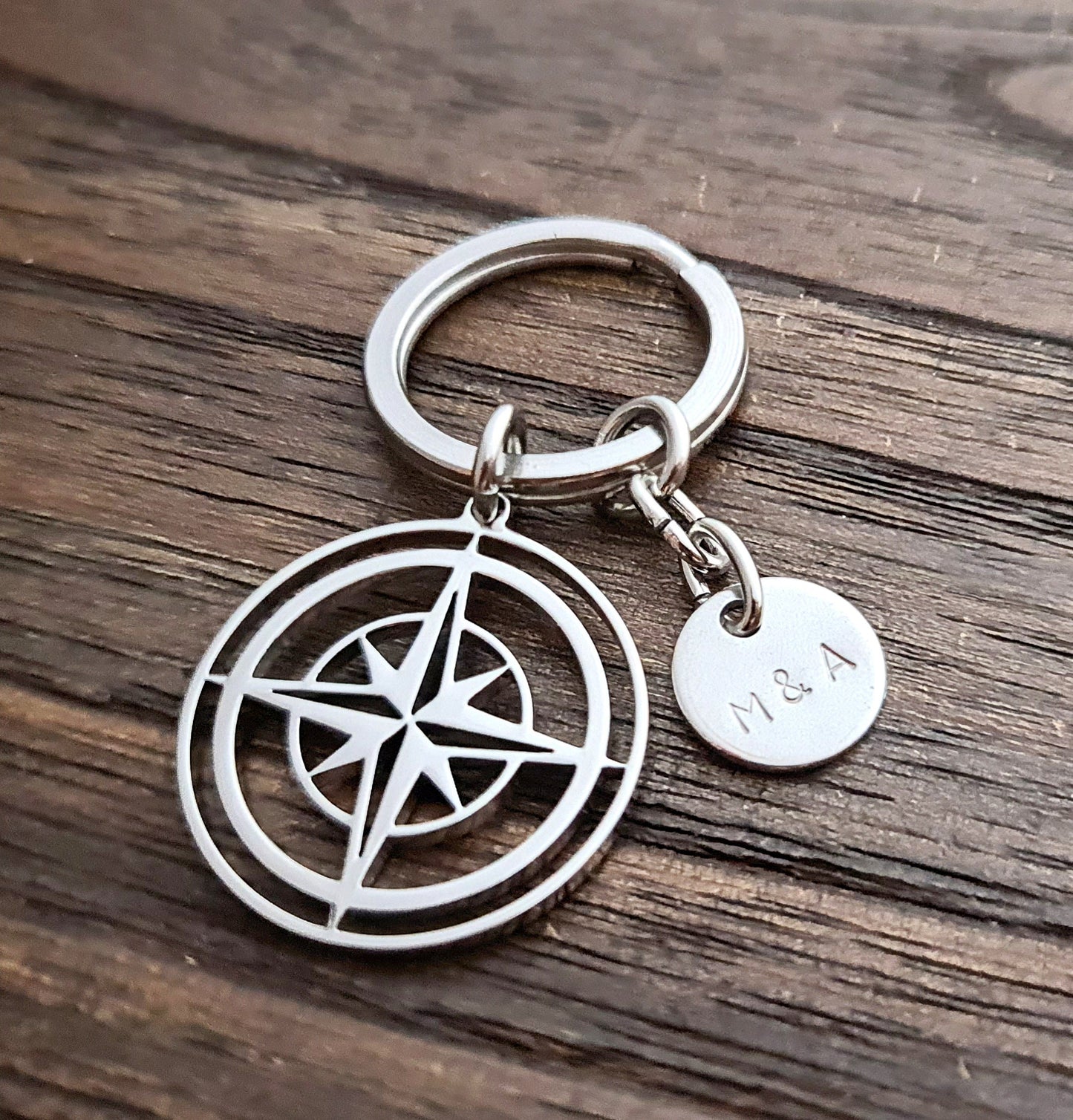 Personalised Hand Stamped Compass Key Ring Stainless Steel, Fathers Day Gift, Journey Gift, Personalized Gift