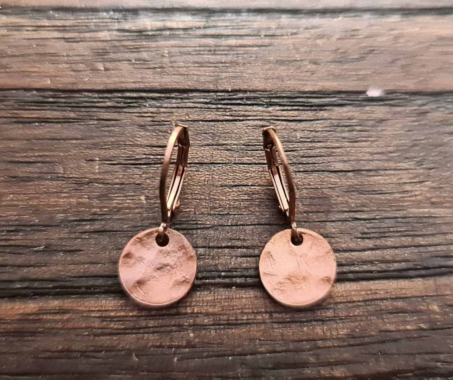 Rosegold Hammered Circle Disc Leverback Earrings, Stainless Steel Dangle Leverback, Minimalist Coin Earrings