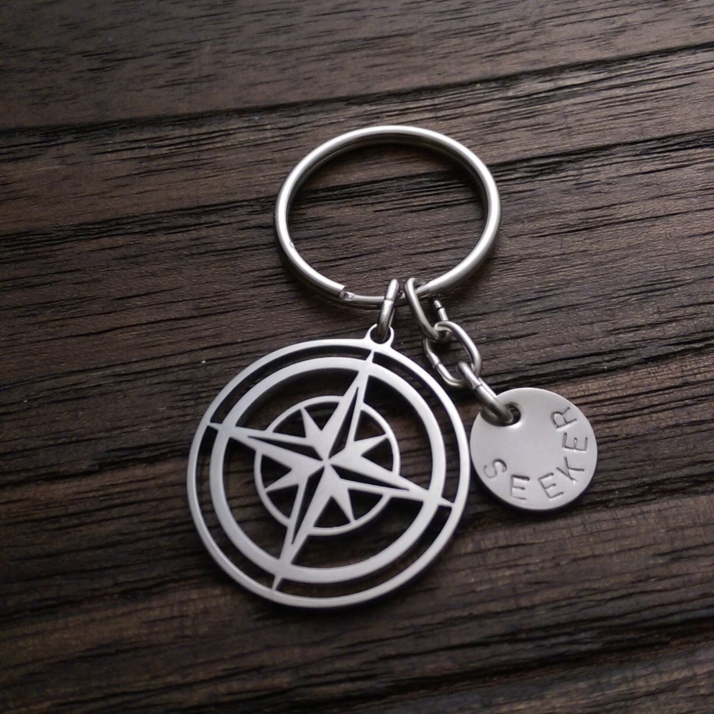 Personalised Hand Stamped Compass Key Ring Stainless Steel, Fathers Day Gift, Journey Gift, Personalized Gift