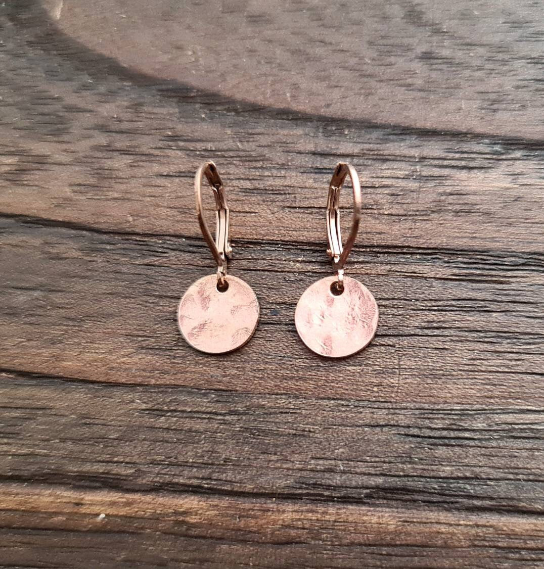 Rosegold Hammered Circle Disc Leverback Earrings, Stainless Steel Dangle Leverback, Minimalist Coin Earrings