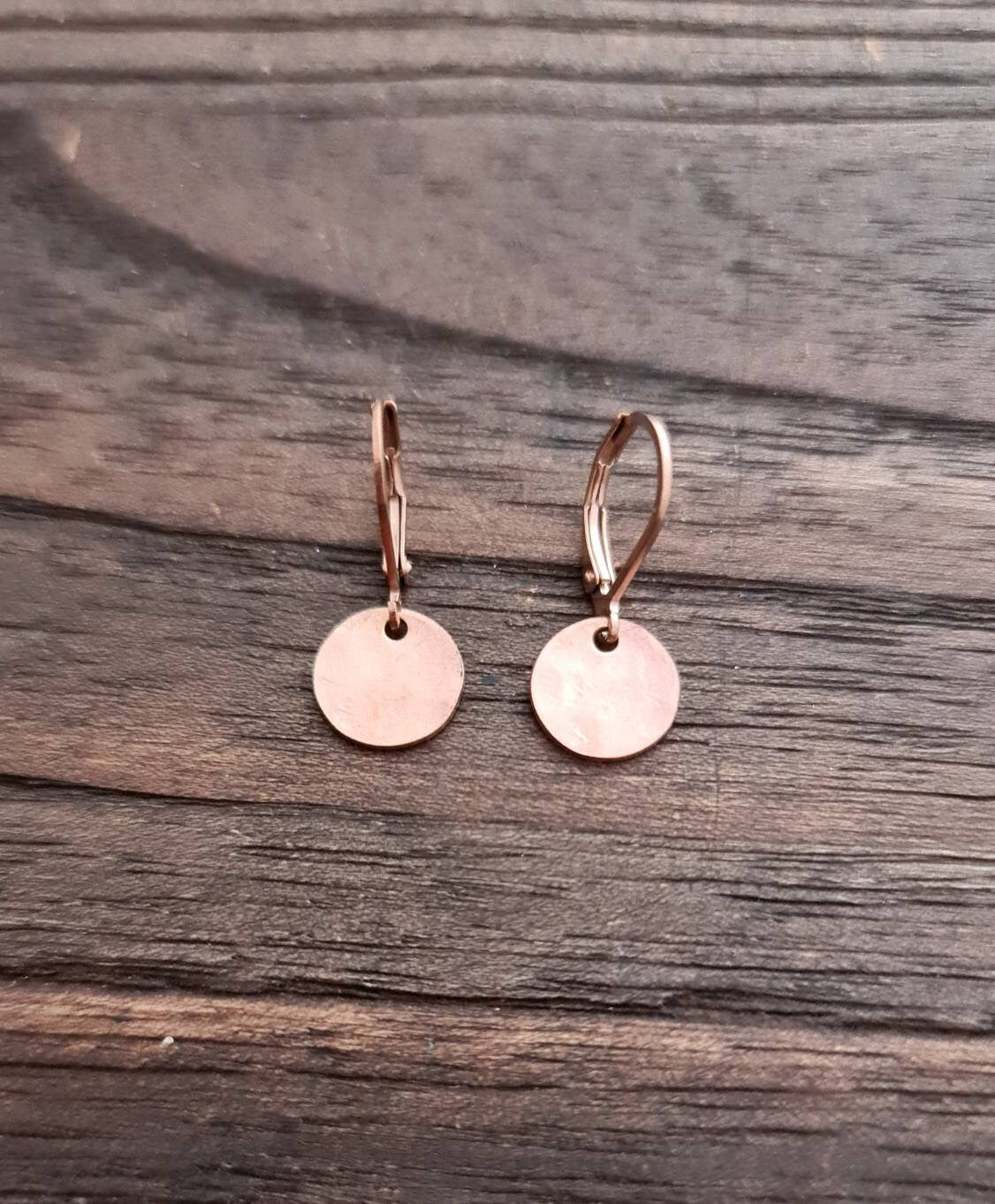 Rosegold Hammered Circle Disc Leverback Earrings, Stainless Steel Dangle Leverback, Minimalist Coin Earrings