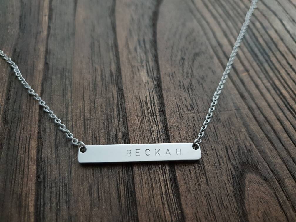 Personalised Wide Bar Necklace, Name Necklace Hand Stamped Stainless Steel. Personalized Gift