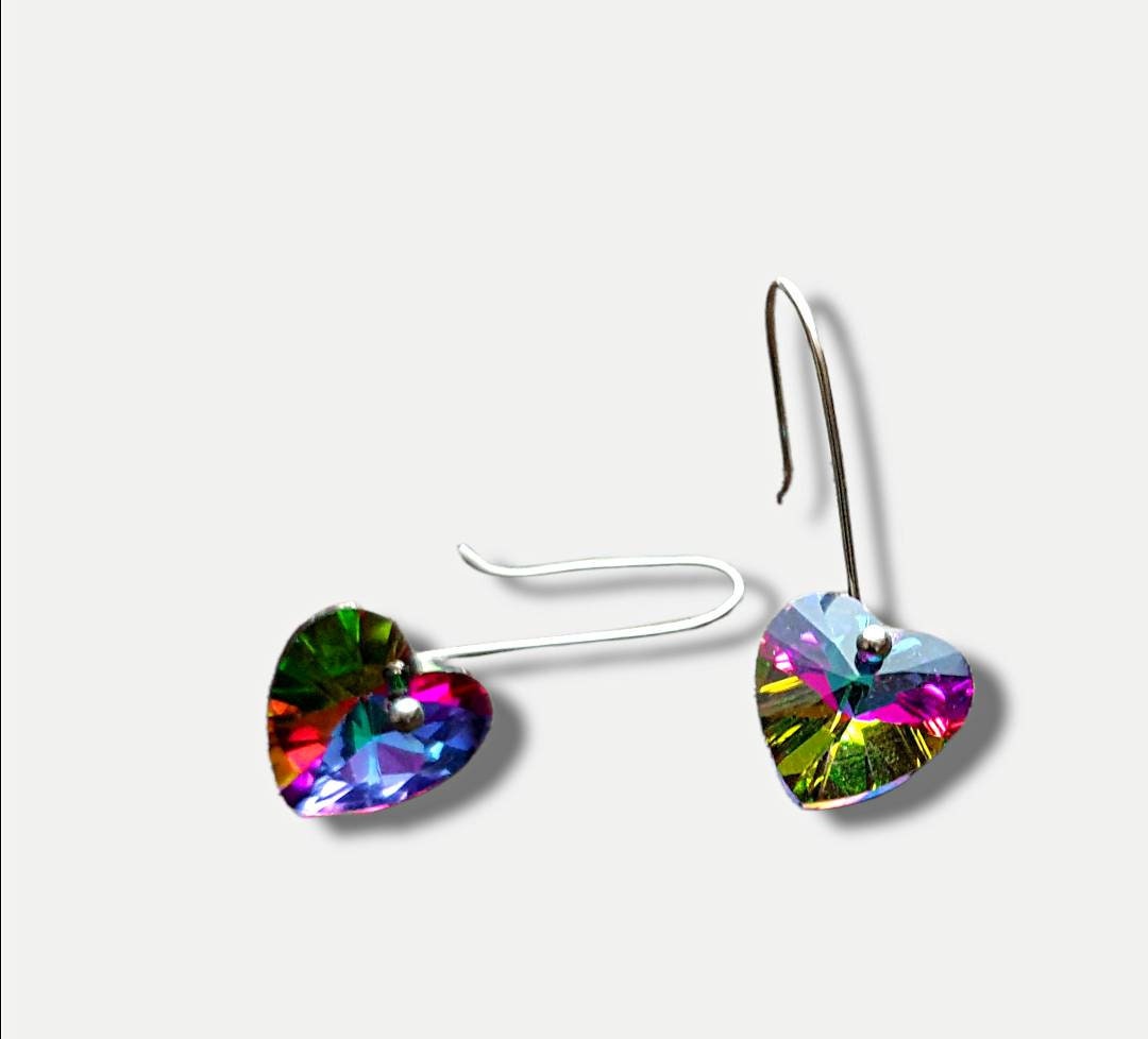 Multi coloured Heart Dangle Drop Earrings, Glass Crysta Faceted Heart Hook Earrings, Stainless Steel Earrings, Lightweight, Sparkly
