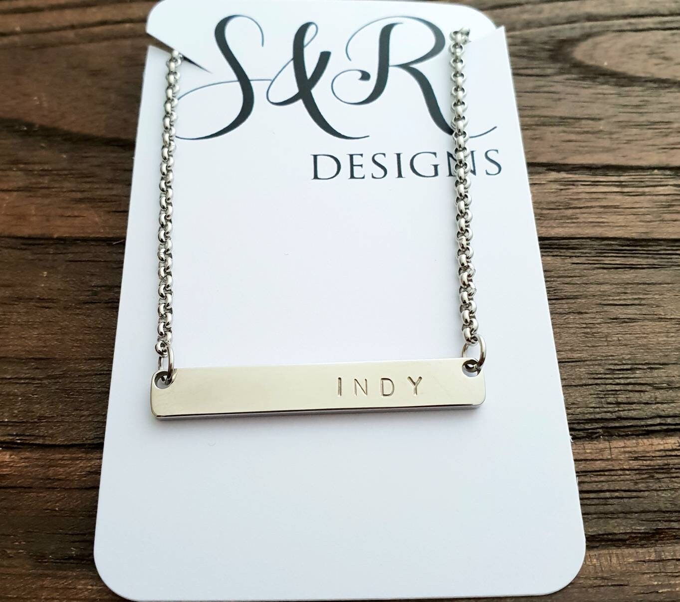 Personalised Wide Bar Necklace, Name Necklace Hand Stamped Stainless Steel. Personalized Gift
