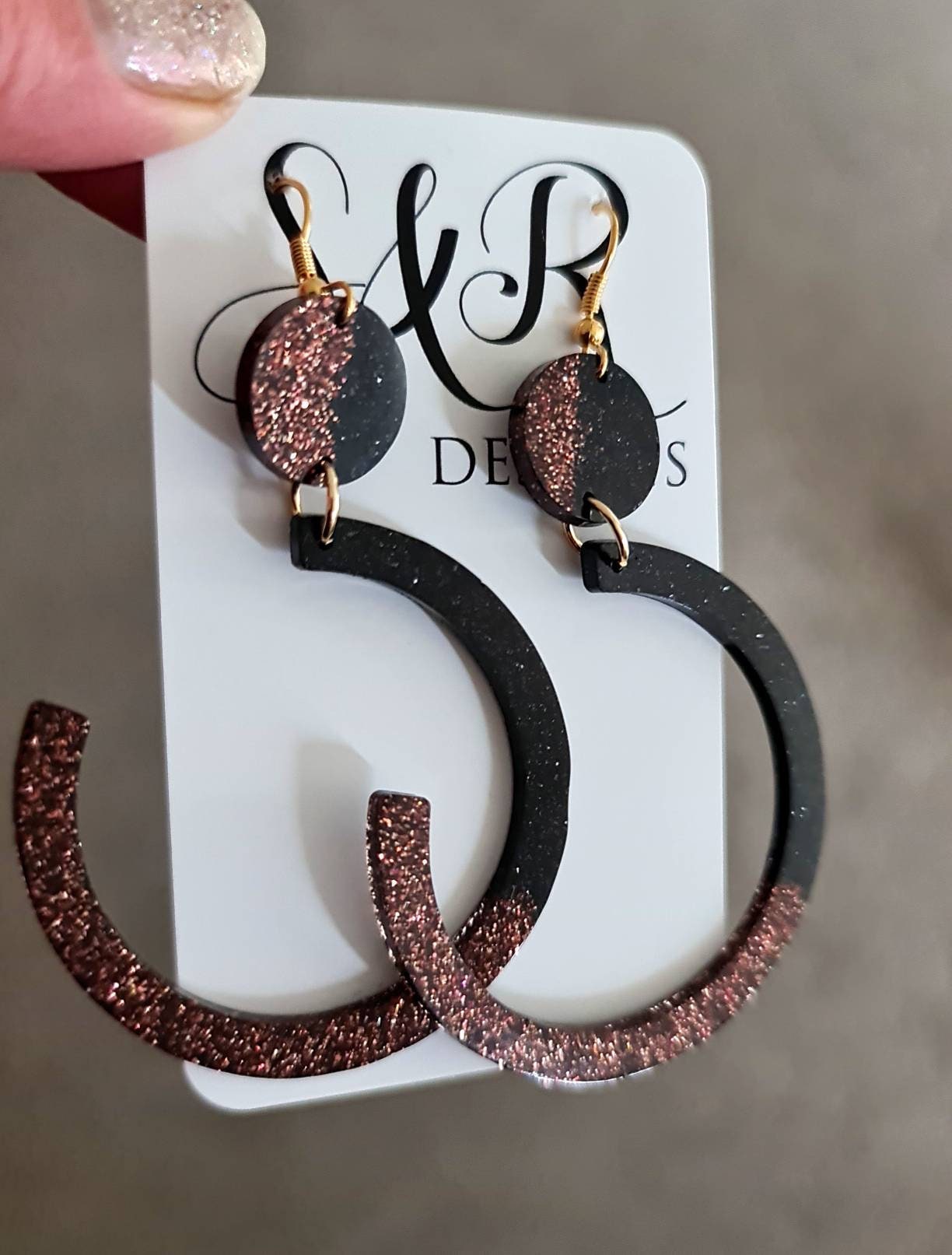 Purple Gold and Black Half Circle Hoop Long Earrings, Fine Purple Gold Mix with Black Glitter Extra Long Hoop Gold Dangle Statement Earrings
