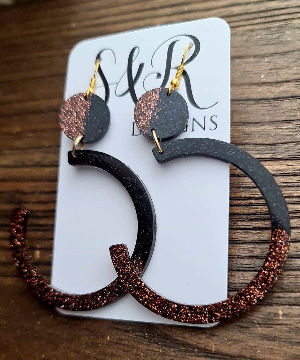 Purple Gold and Black Half Circle Hoop Long Earrings, Fine Purple Gold Mix with Black Glitter Extra Long Hoop Gold Dangle Statement Earrings