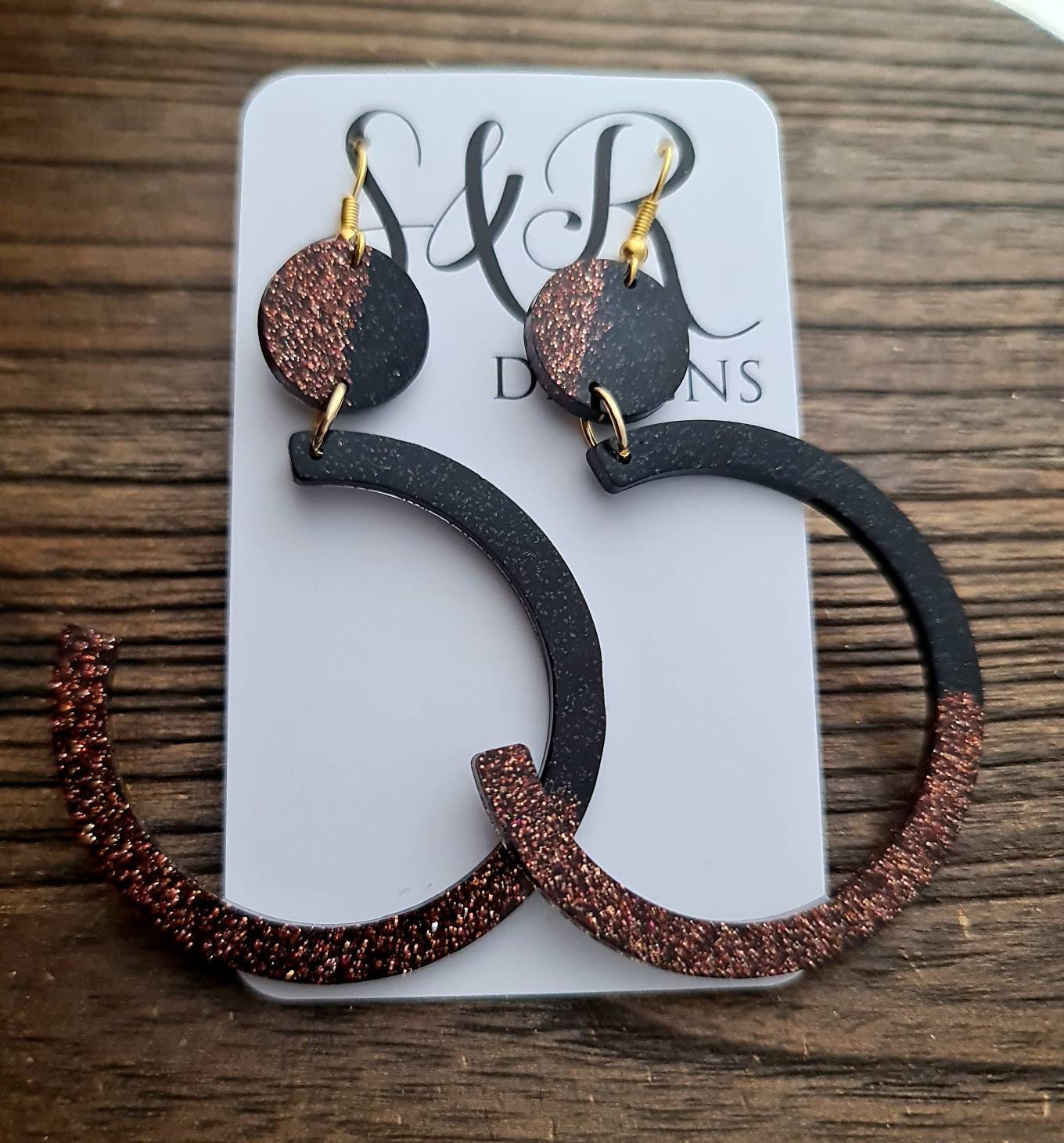 Purple Gold and Black Half Circle Hoop Long Earrings, Fine Purple Gold Mix with Black Glitter Extra Long Hoop Gold Dangle Statement Earrings