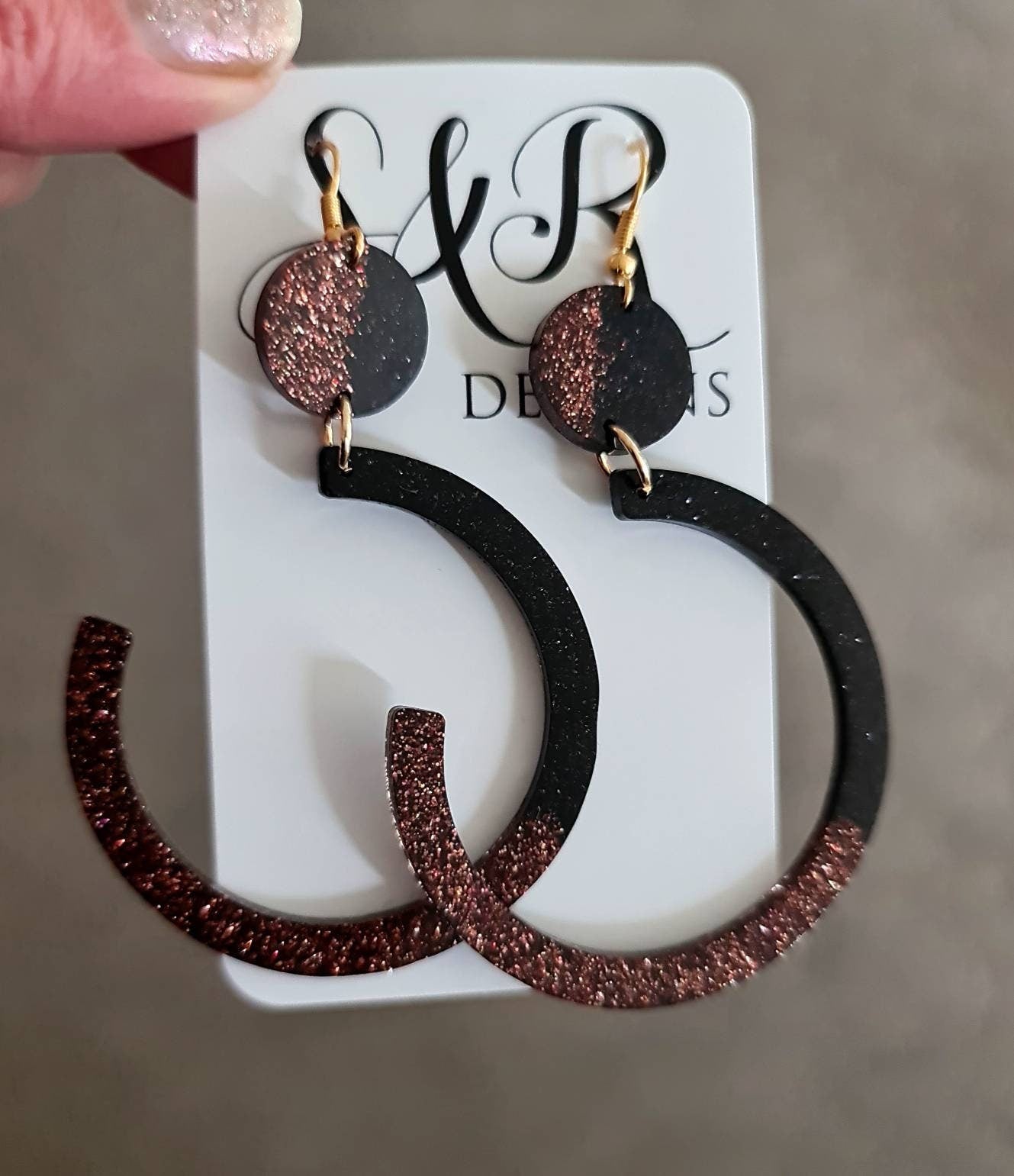 Purple Gold and Black Half Circle Hoop Long Earrings, Fine Purple Gold Mix with Black Glitter Extra Long Hoop Gold Dangle Statement Earrings