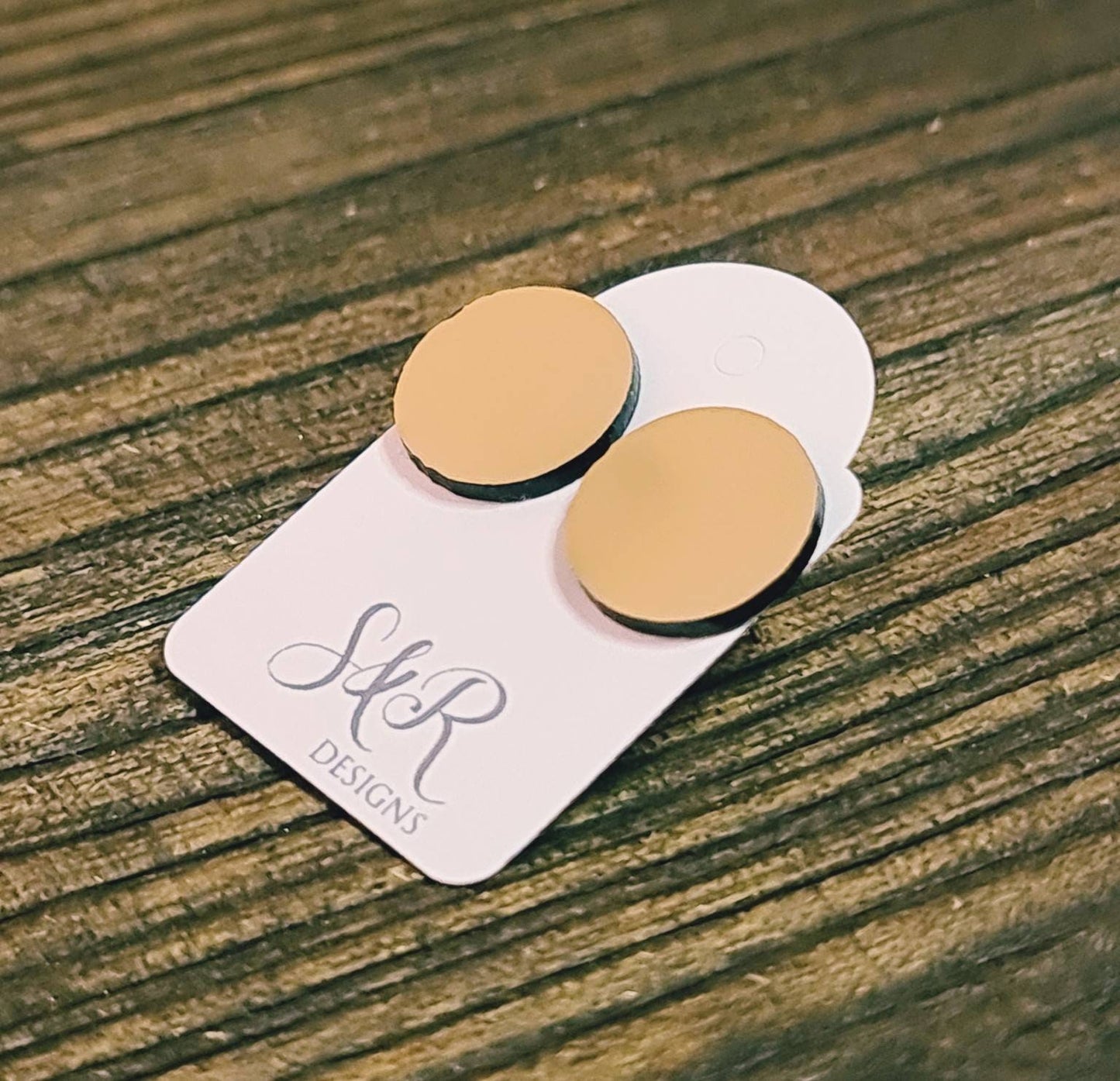 Metalic Gold Circle Stud Earrings, Acrylic Earrings, Stainless Steel Earrings.