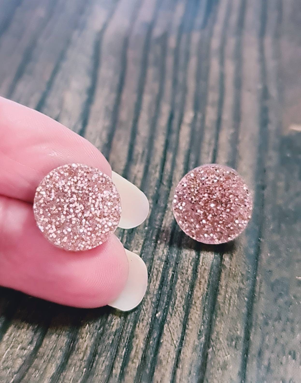 Champagne Blush Glitter Circle Stud Earrings, Acrylic Earrings, Stainless Steel Earrings.