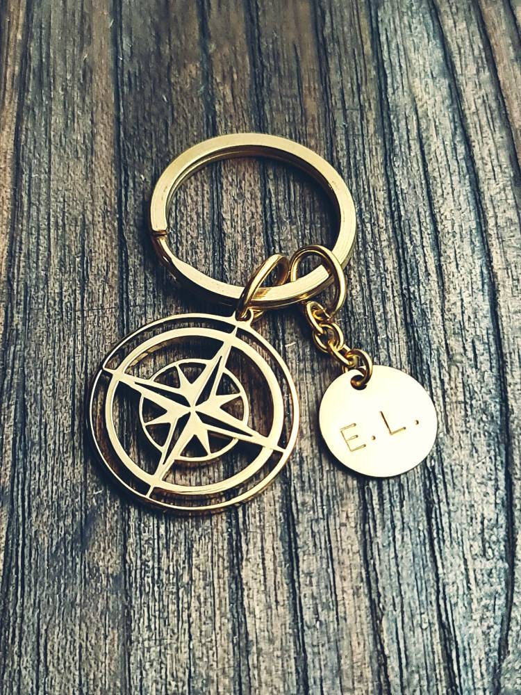 Personalised Hand Stamped Compass Key Ring Stainless Steel, Fathers Day Gift, Journey Gift, Personalized Gift