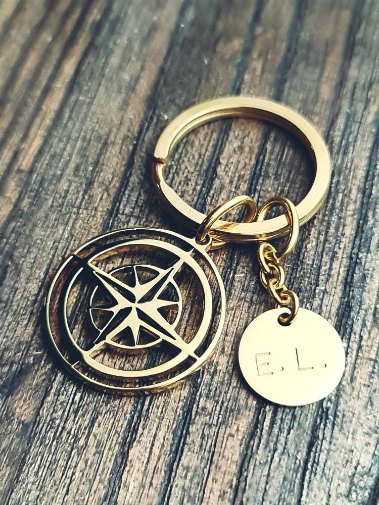 Personalised Hand Stamped Compass Key Ring Stainless Steel, Fathers Day Gift, Journey Gift, Personalized Gift