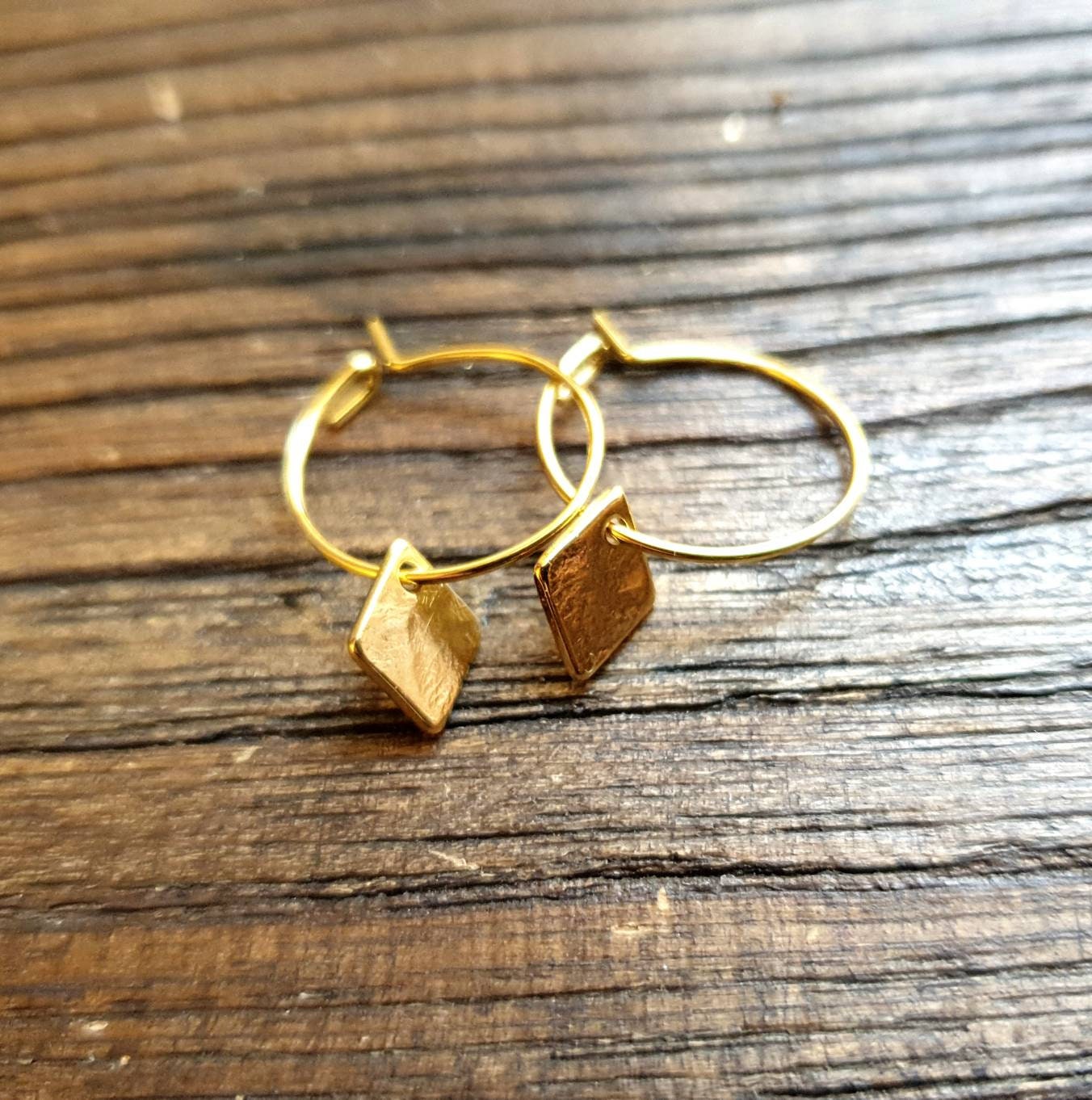 Gold Hammered Diamond Hoop Earrings, Stainless Steel Disc Dangle, Minimalist Earrings, 15mm or 25mm Hoops, Leverback, Earwire Hooks