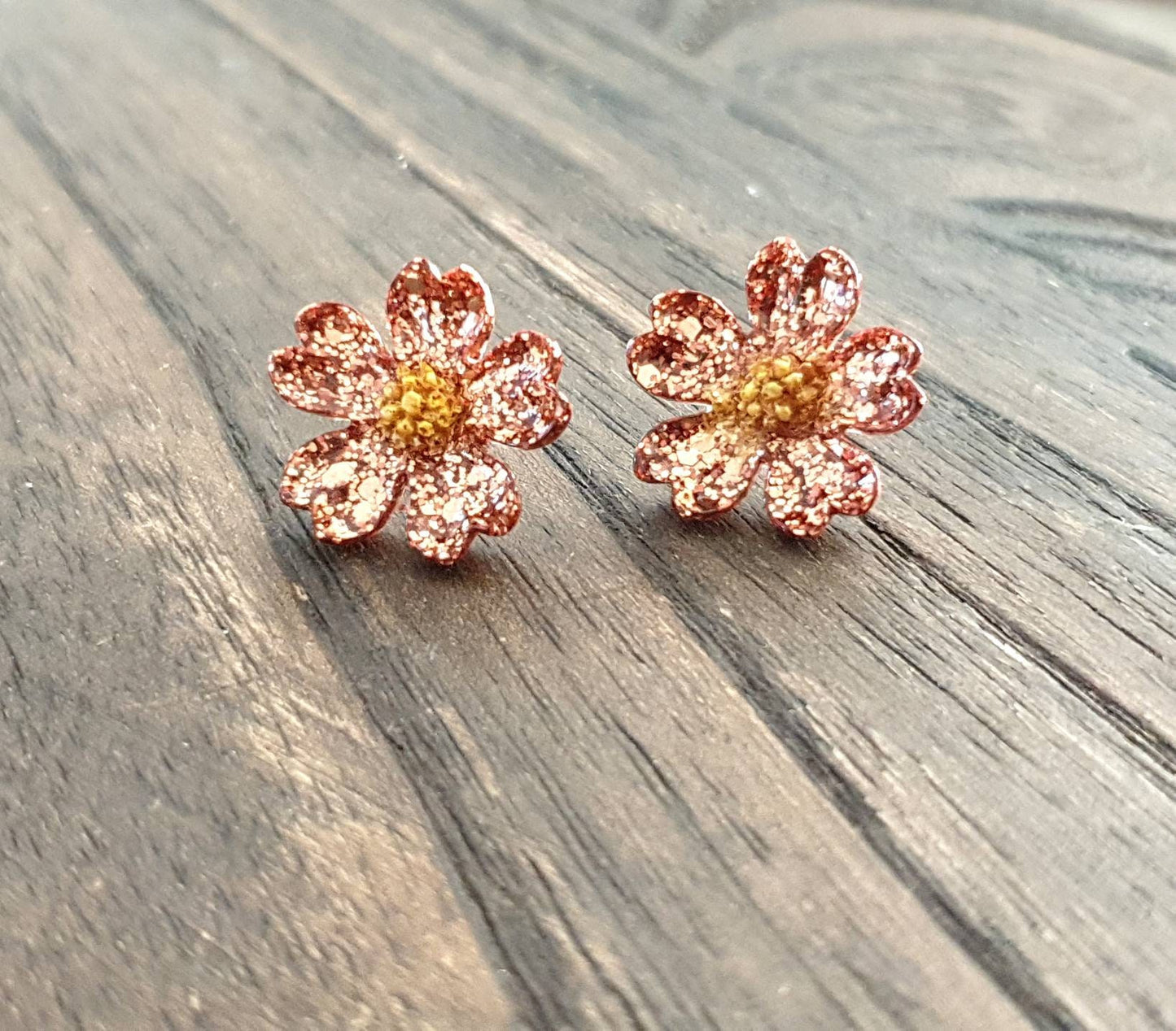 Japanese Sakura Cherry Blossom Flower Stud Earrings, Copper and Gold Resin Cherry Blosom Flower Earrings, Stainless Steel Earrings