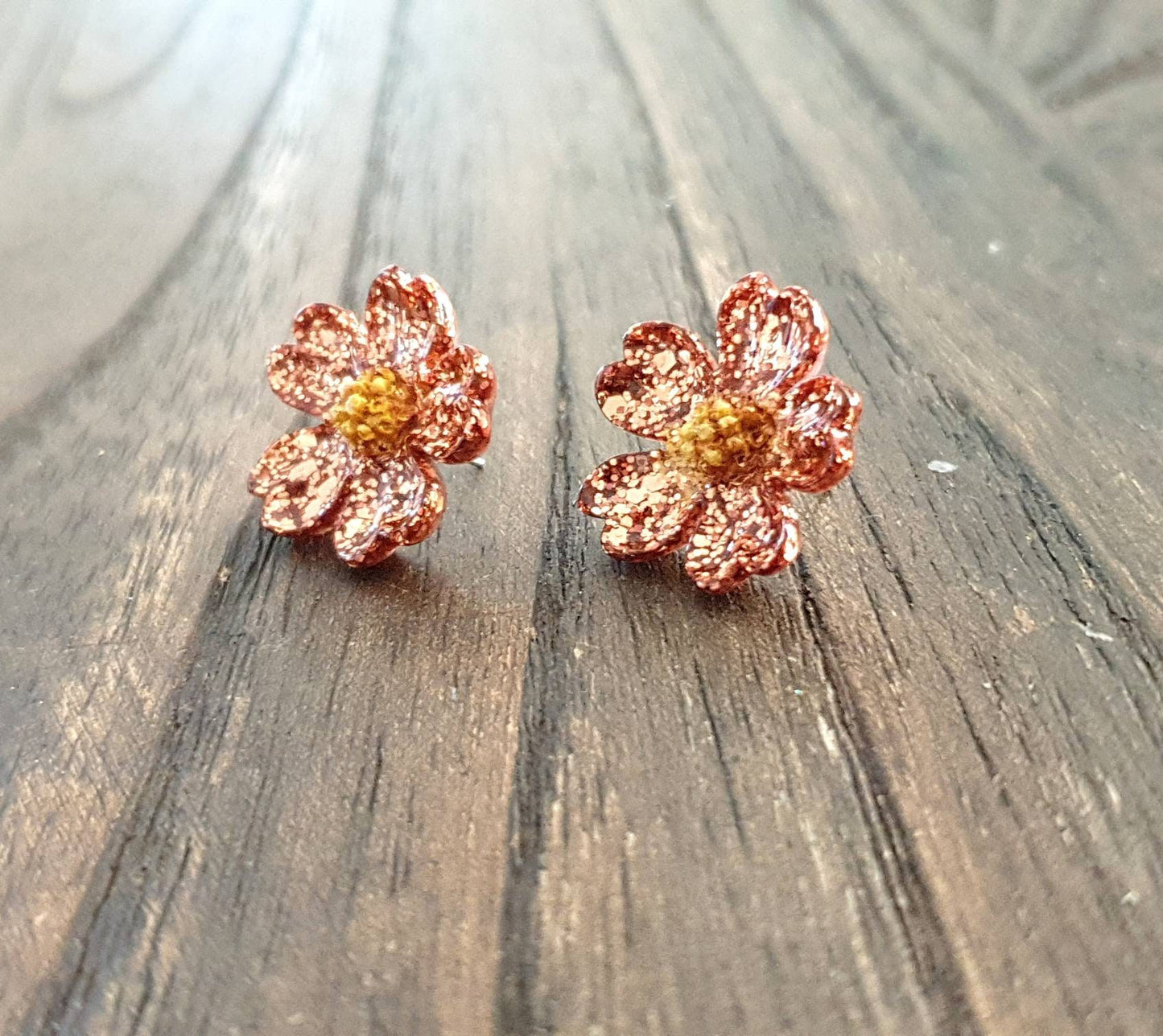 Japanese Sakura Cherry Blossom Flower Stud Earrings, Copper and Gold Resin Cherry Blosom Flower Earrings, Stainless Steel Earrings