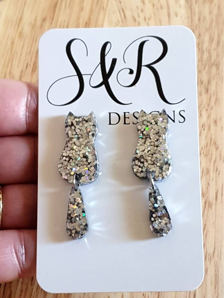 Silver Cat Stud Dangle Earrings, Cat with Moving Tail Long Earrings, Silver Holographic Glitter Resin Earrings, Stainless Steel.