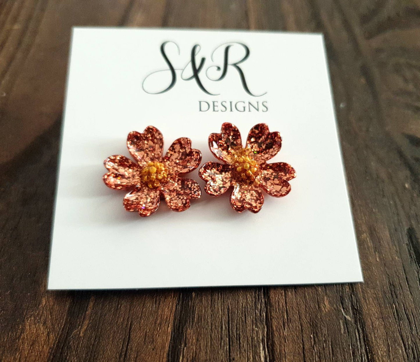 Japanese Sakura Cherry Blossom Flower Stud Earrings, Copper and Gold Resin Cherry Blosom Flower Earrings, Stainless Steel Earrings