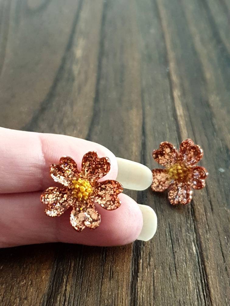 Japanese Sakura Cherry Blossom Flower Stud Earrings, Copper and Gold Resin Cherry Blosom Flower Earrings, Stainless Steel Earrings
