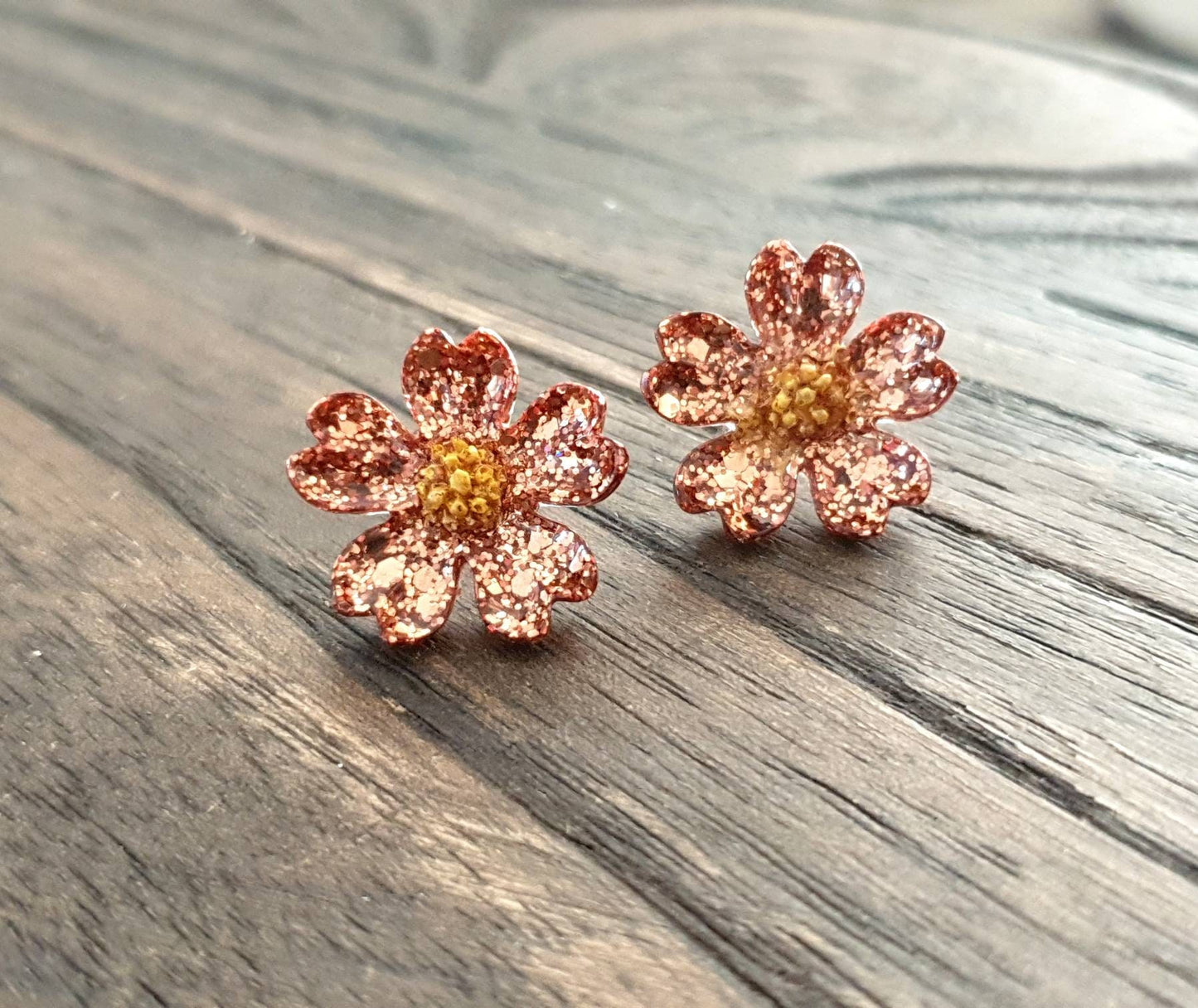 Japanese Sakura Cherry Blossom Flower Stud Earrings, Copper and Gold Resin Cherry Blosom Flower Earrings, Stainless Steel Earrings