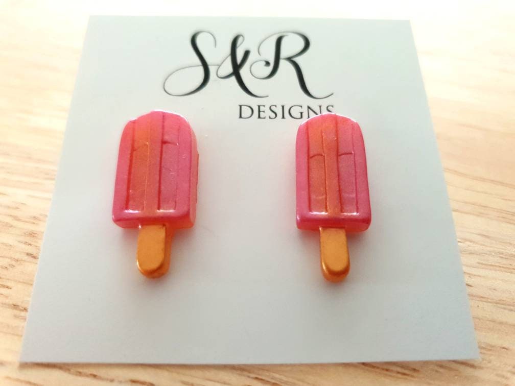 Pink Sherbet Icy Pole Stud Earrings, Pink Ice Cream Earrings, Statement Food Earrings