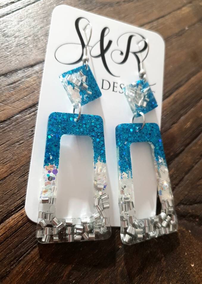 Rectangle Long Dangle Earrings, Ocean Blue, Silver, White Glitter Resin Dangle Statement Earrings