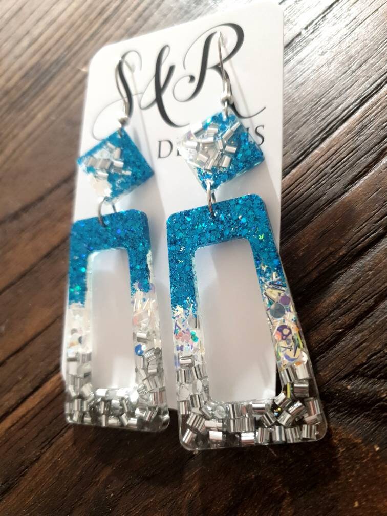 Rectangle Long Dangle Earrings, Ocean Blue, Silver, White Glitter Resin Dangle Statement Earrings