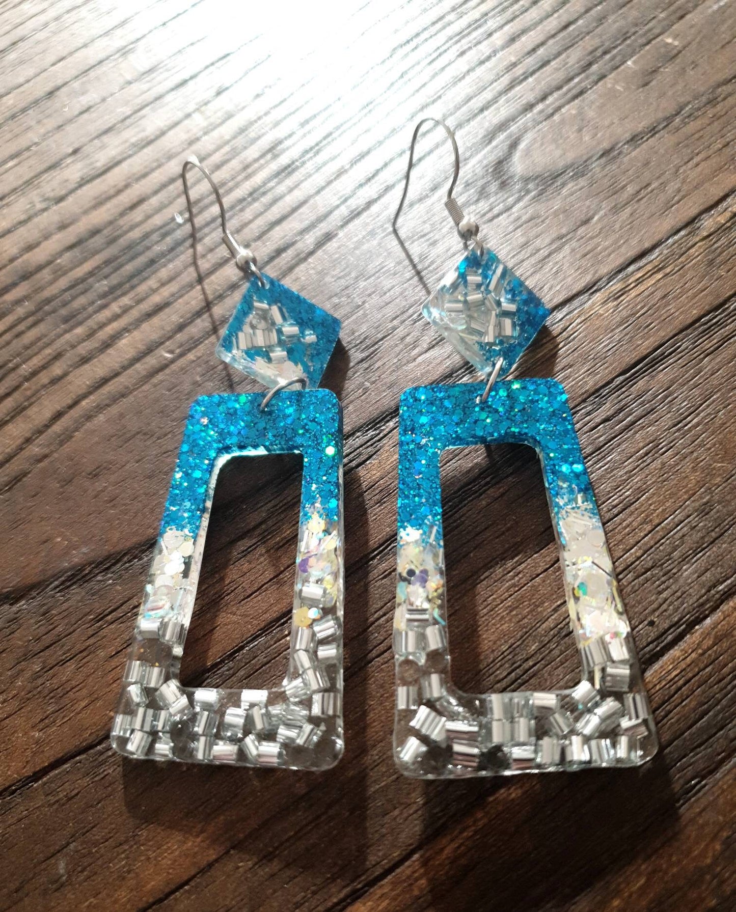 Rectangle Long Dangle Earrings, Ocean Blue, Silver, White Glitter Resin Dangle Statement Earrings