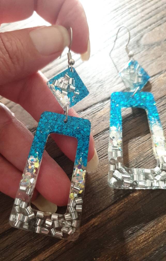 Rectangle Long Dangle Earrings, Ocean Blue, Silver, White Glitter Resin Dangle Statement Earrings