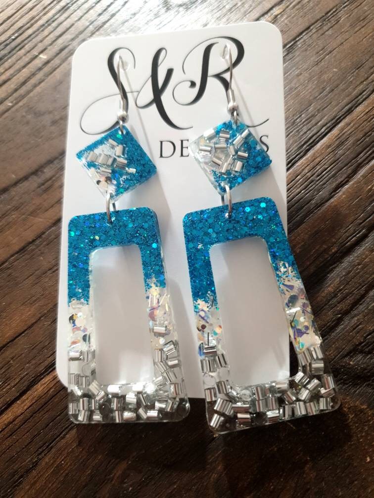 Rectangle Long Dangle Earrings, Ocean Blue, Silver, White Glitter Resin Dangle Statement Earrings