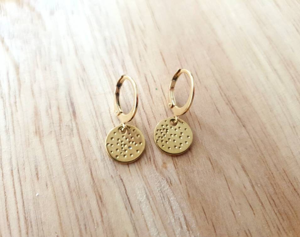 Gold Hammered Dot Circle Disc Leverback Drop Earrings, Coin Disc Hoops, Disc Hooks, Stainless Steel Dangle Leverback, Minimalist Earrings