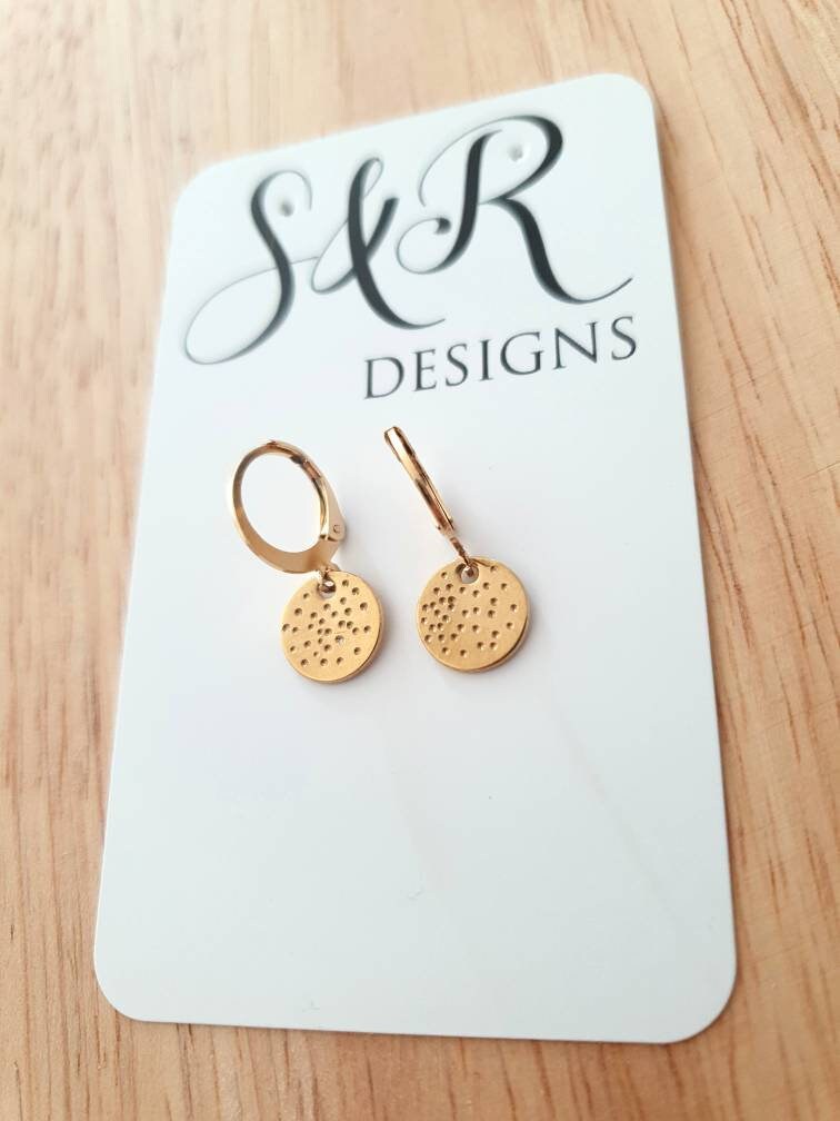 Gold Hammered Dot Circle Disc Leverback Drop Earrings, Coin Disc Hoops, Disc Hooks, Stainless Steel Dangle Leverback, Minimalist Earrings