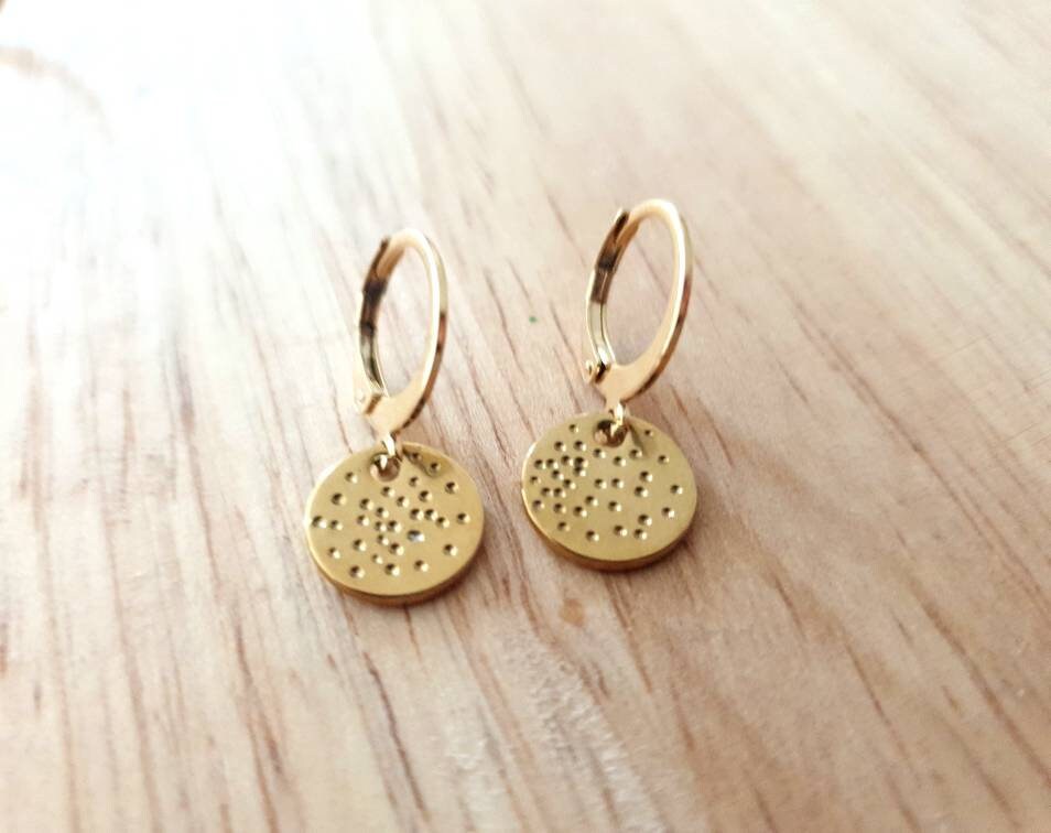 Gold Hammered Dot Circle Disc Leverback Drop Earrings, Coin Disc Hoops, Disc Hooks, Stainless Steel Dangle Leverback, Minimalist Earrings