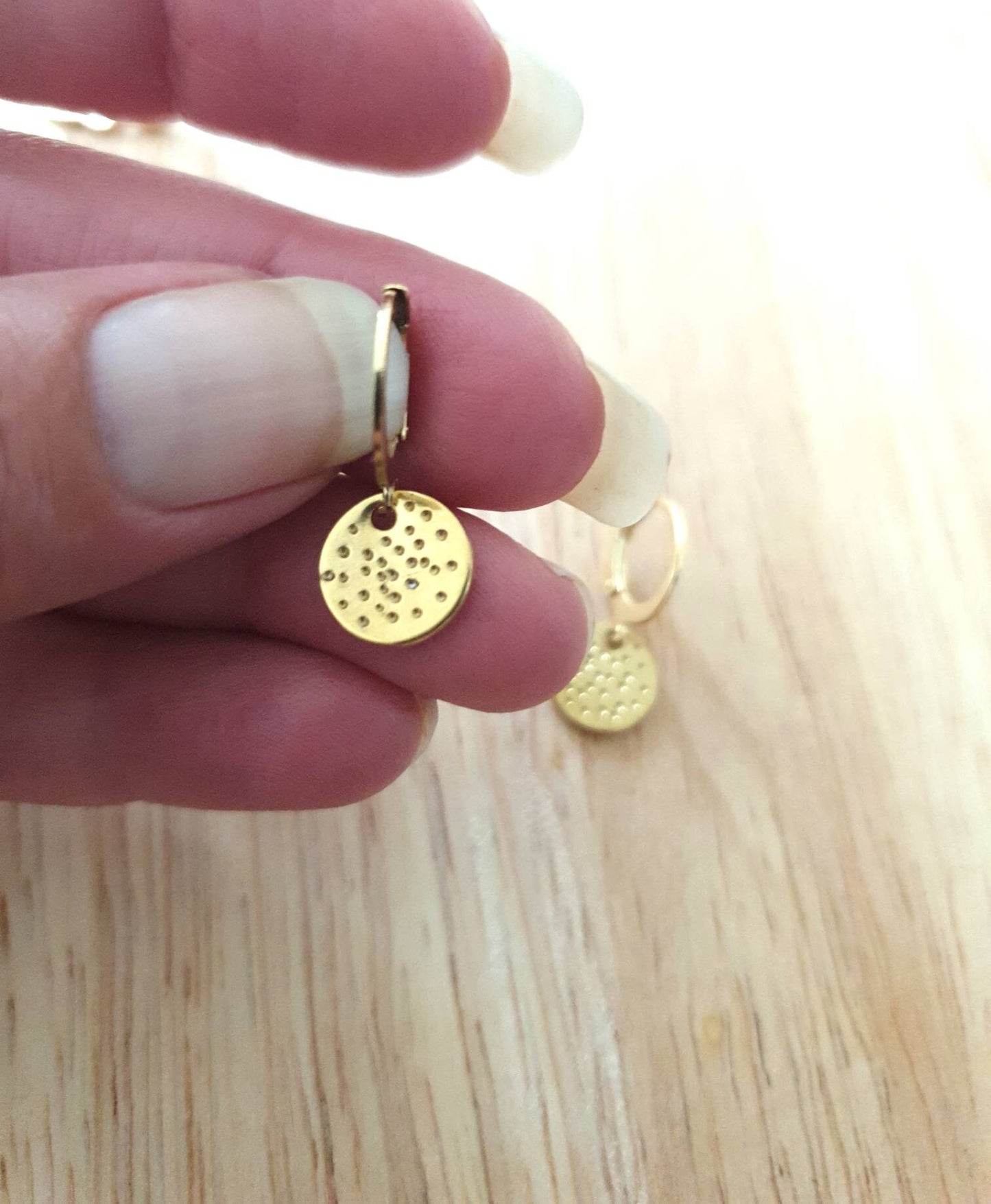 Gold Hammered Dot Circle Disc Leverback Drop Earrings, Coin Disc Hoops, Disc Hooks, Stainless Steel Dangle Leverback, Minimalist Earrings