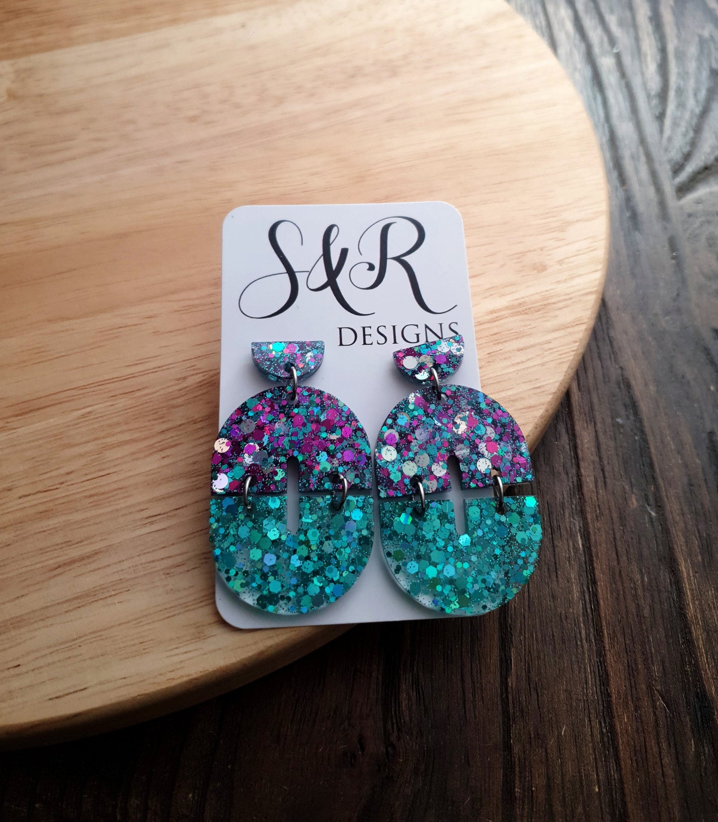 Purple Teal Silver Arch Dangle Earrings, Glitter Resin Dangles, Statement Handmade Earrings