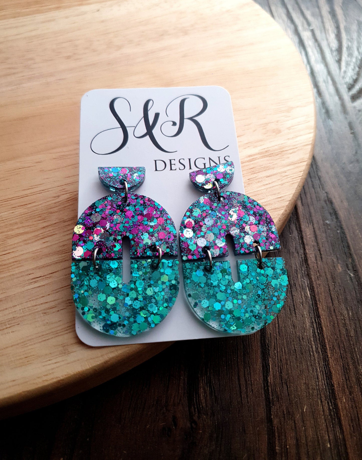 Purple Teal Silver Arch Dangle Earrings, Glitter Resin Dangles, Statement Handmade Earrings