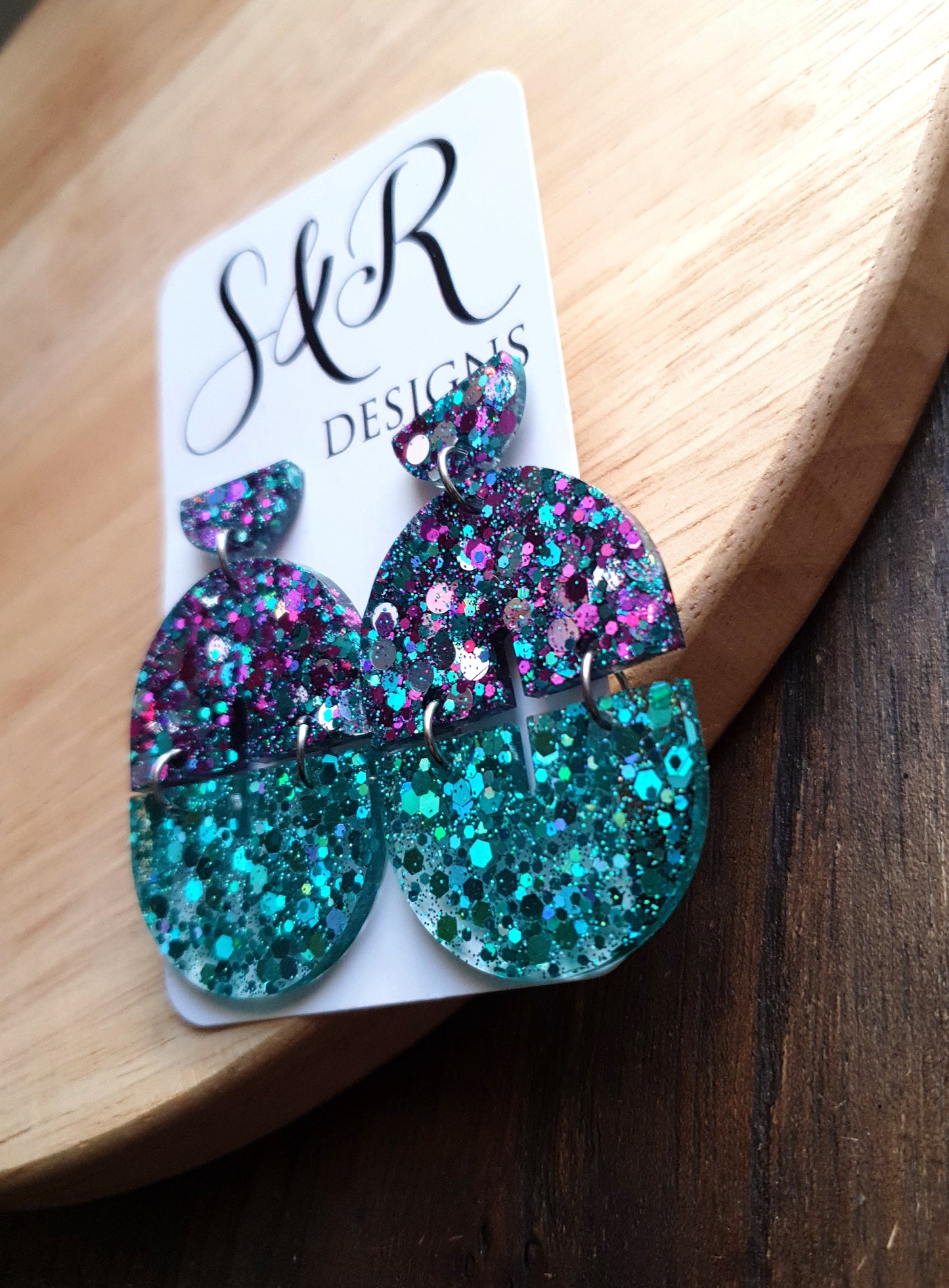 Purple Teal Silver Arch Dangle Earrings, Glitter Resin Dangles, Statement Handmade Earrings