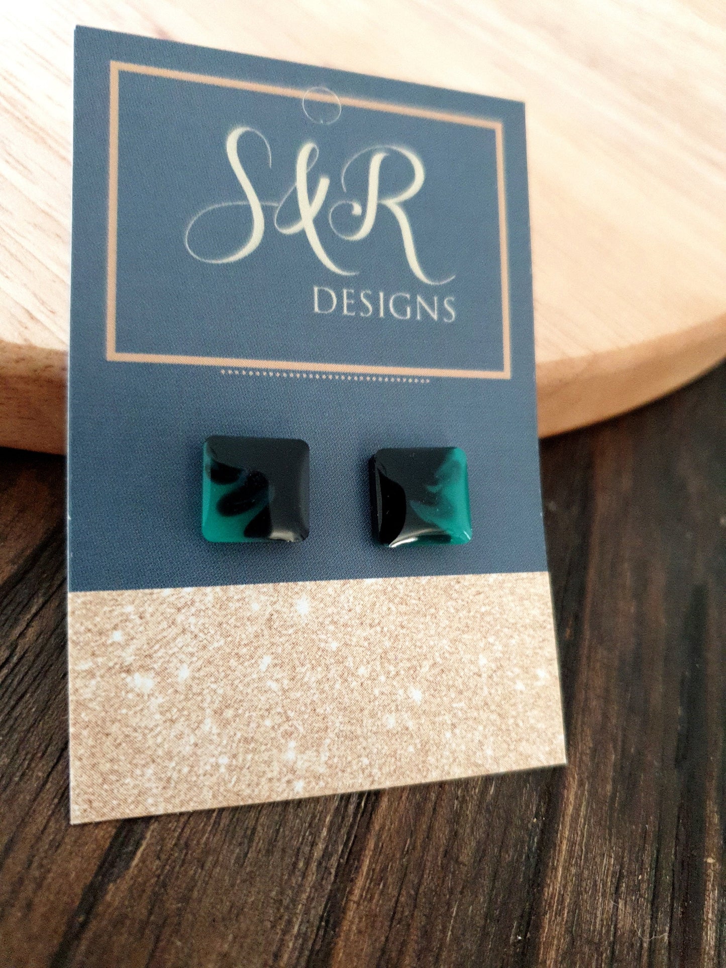 Square Resin Stud Earrings. Teal and Black, Stainless Steel Minimalist Stud Earrings. 10mm