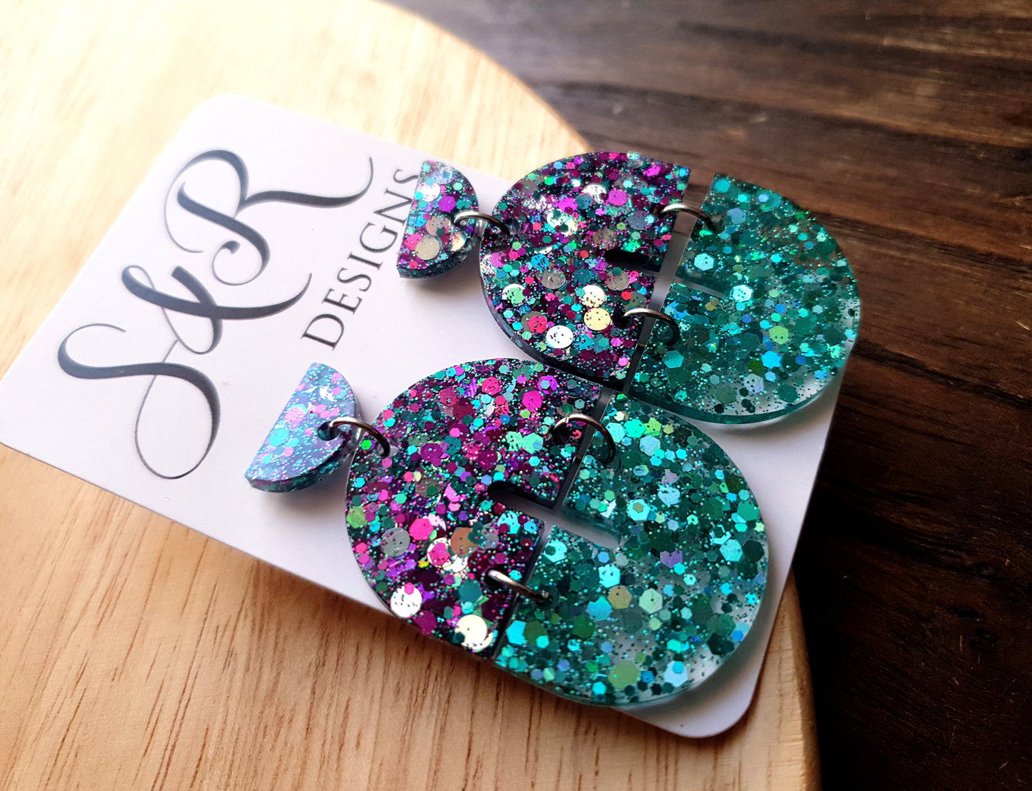 Purple Teal Silver Arch Dangle Earrings, Glitter Resin Dangles, Statement Handmade Earrings