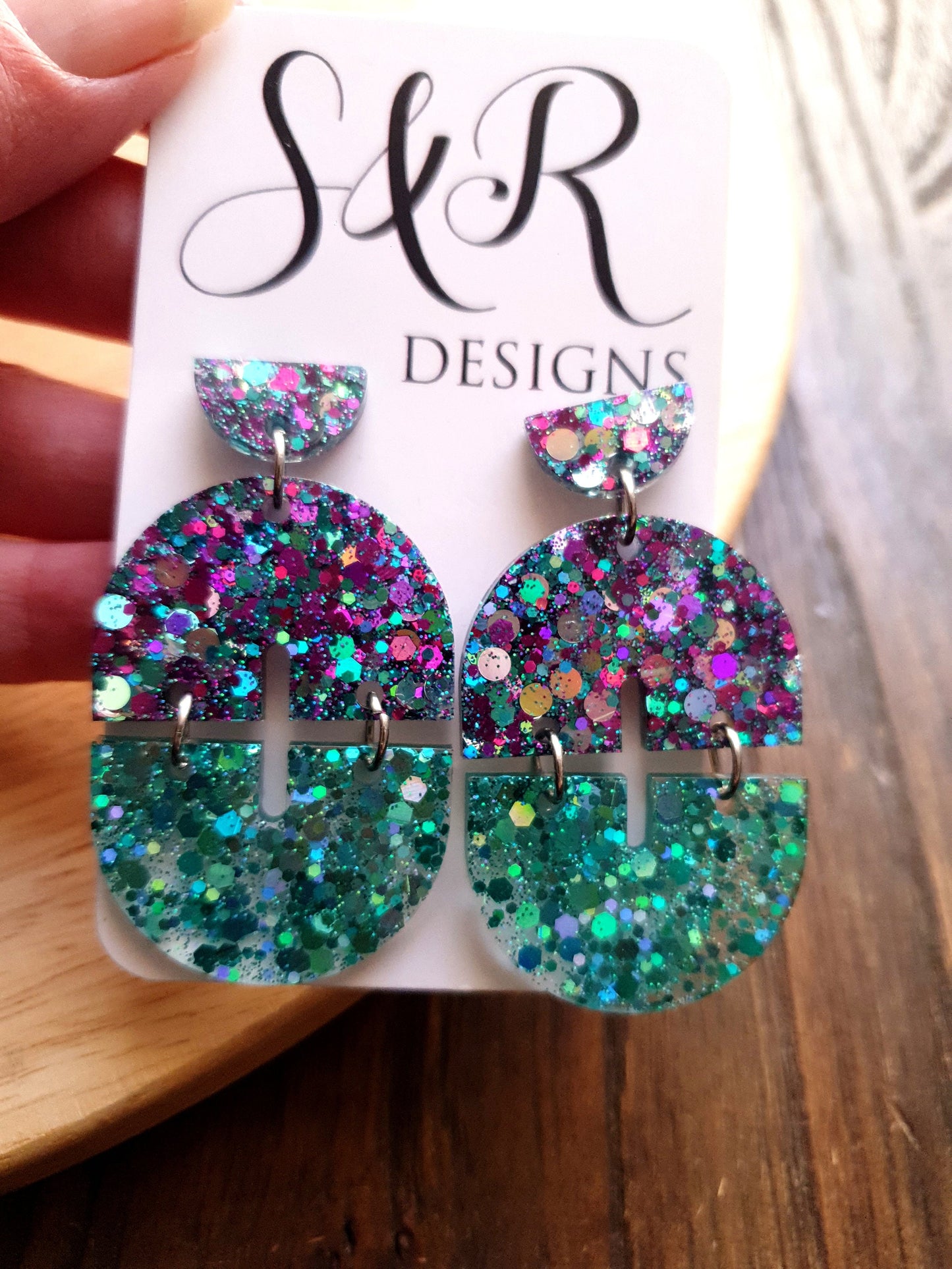 Purple Teal Silver Arch Dangle Earrings, Glitter Resin Dangles, Statement Handmade Earrings