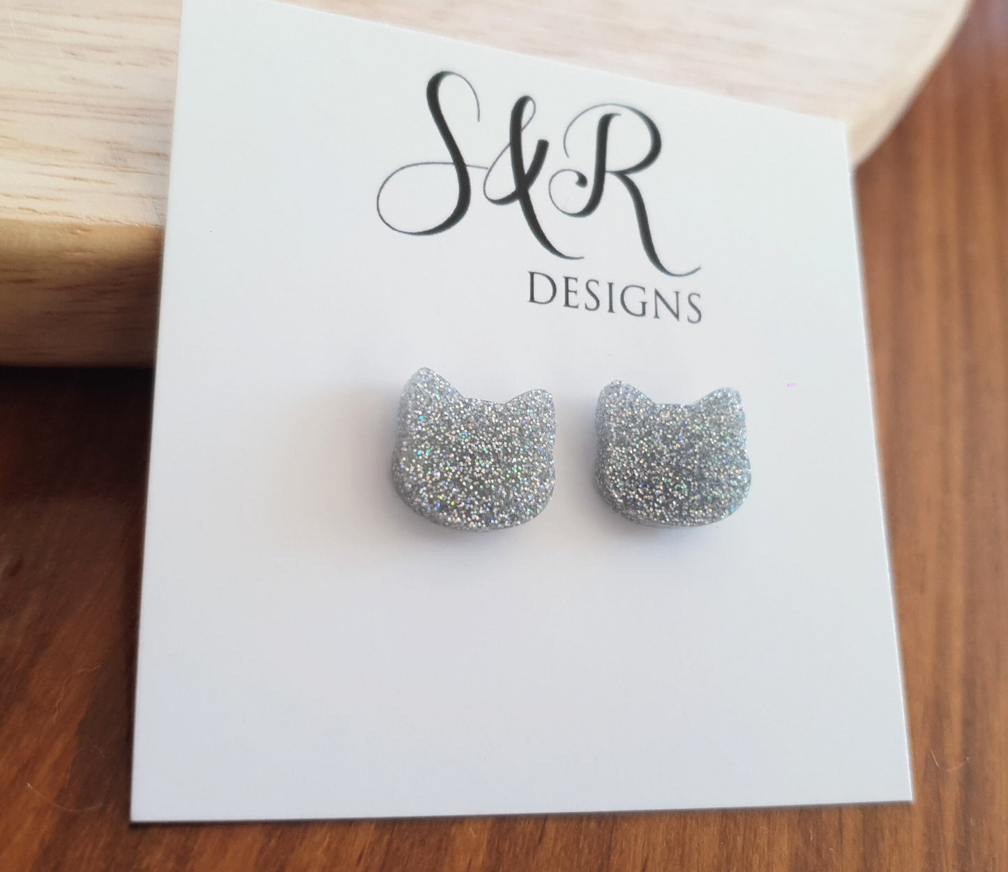 Silver Holographic Earrings, Cat Resin Stud Earrings, Kitten Earrings made with Stainless Steel.