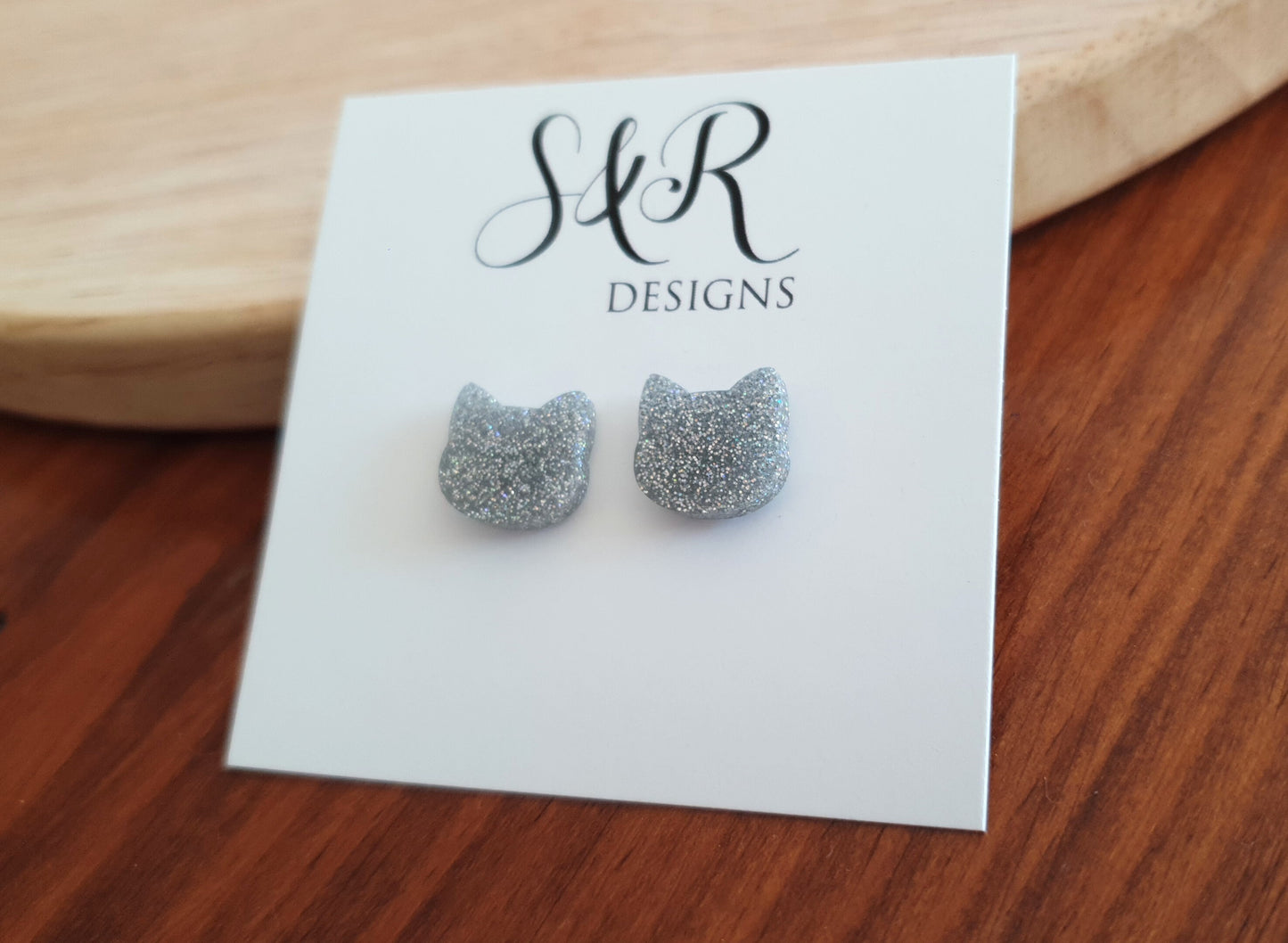 Silver Holographic Earrings, Cat Resin Stud Earrings, Kitten Earrings made with Stainless Steel.