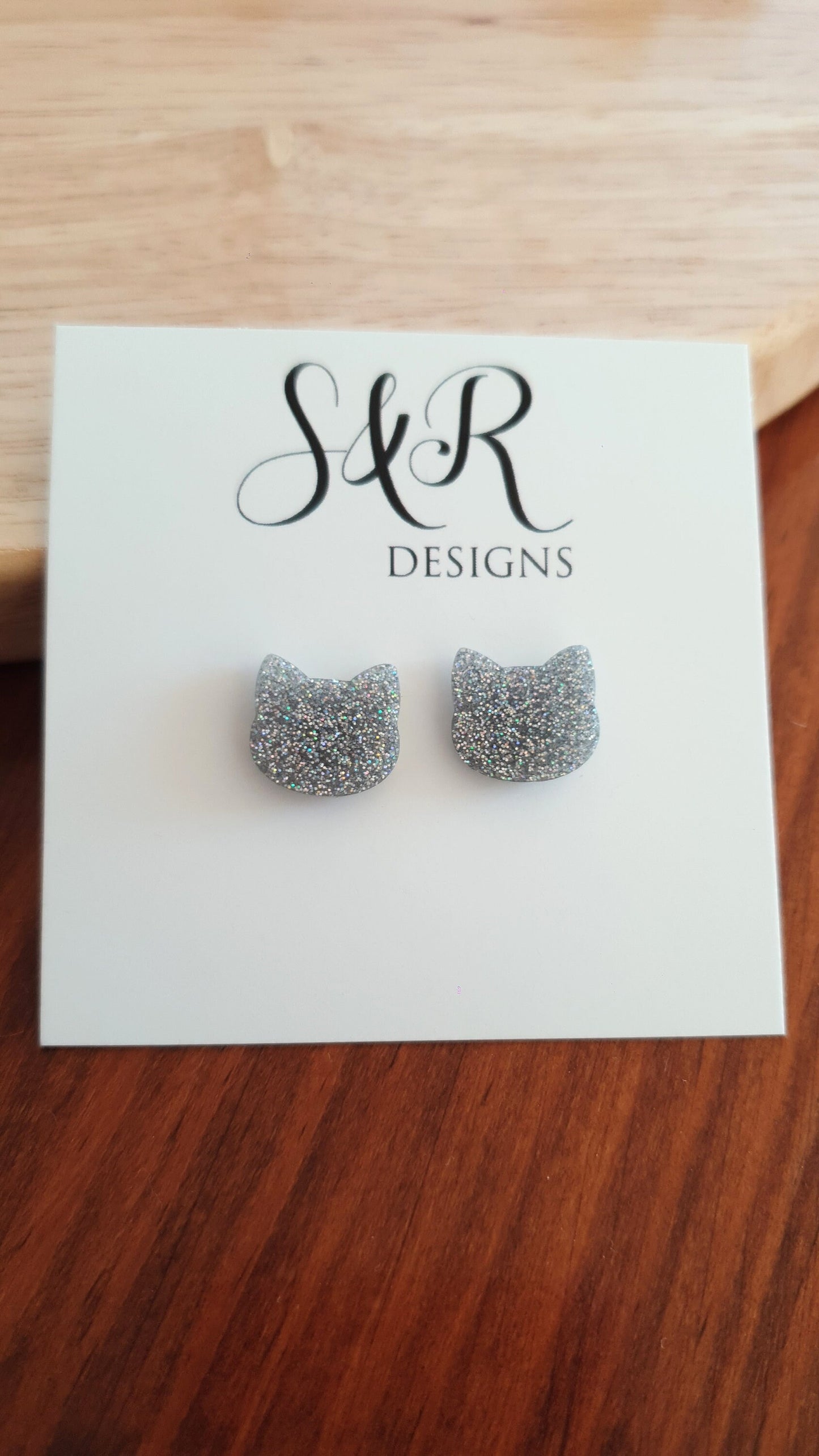 Silver Holographic Earrings, Cat Resin Stud Earrings, Kitten Earrings made with Stainless Steel.