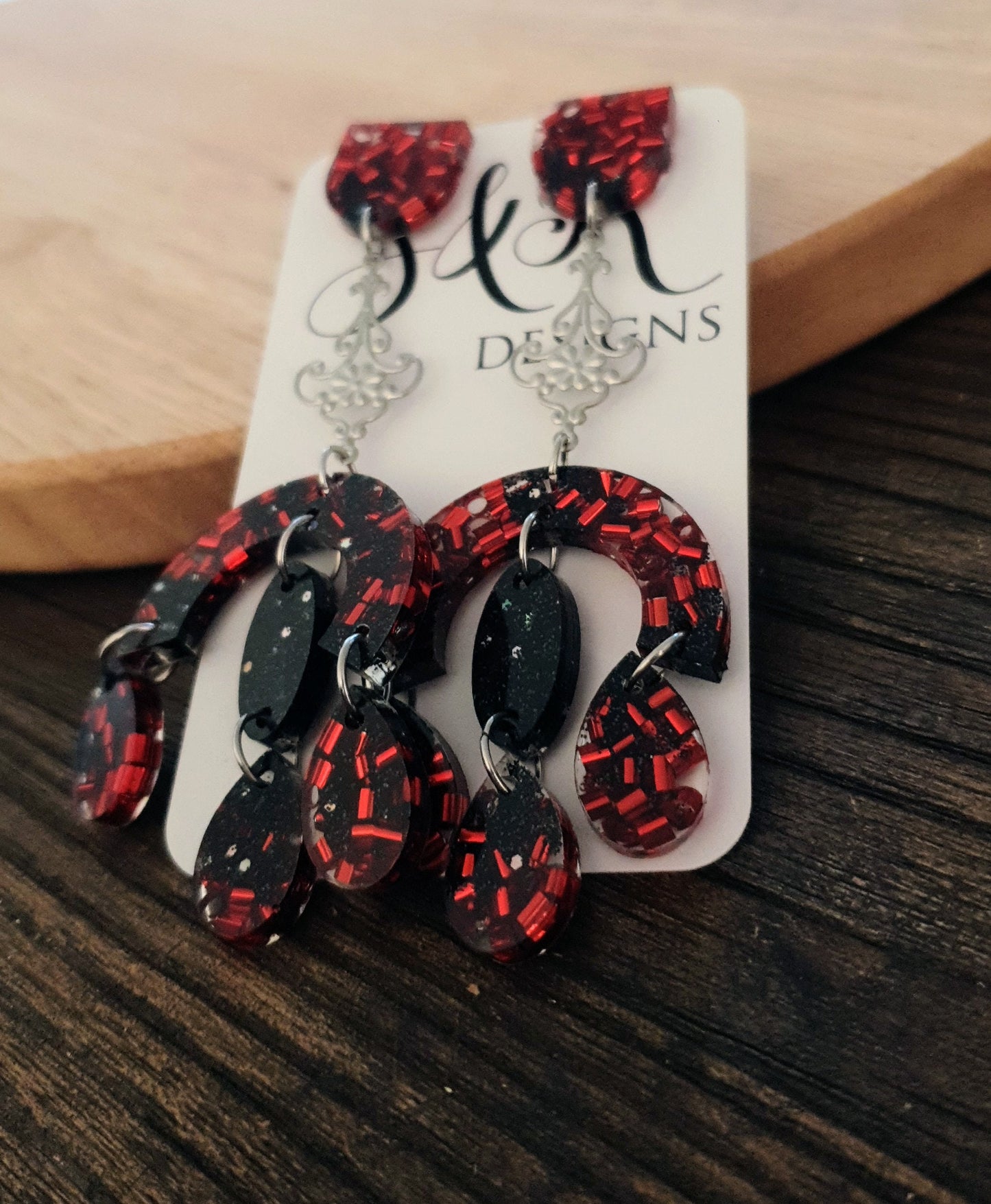 Large Oversized Chandelier Dangle Earrings, Red Black Glitter Filigree Dangles, Gothic Statement Long Earrings